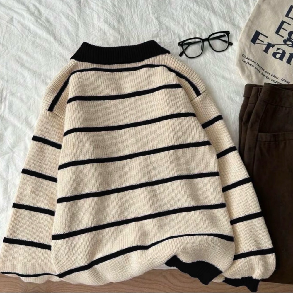 Striped Collared Knit Sweater - Cream & Black - Picture 2 of 6